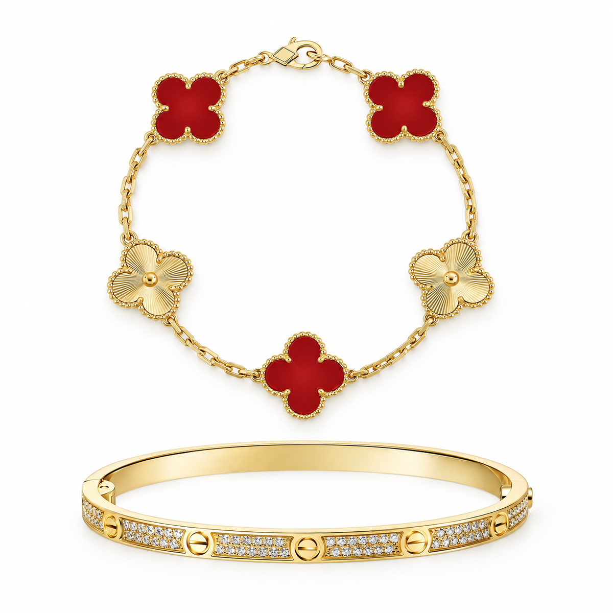 [Limara]Clover & Love Diamond-Paved Radiant Line 2-Piece Bracelet Stack Set