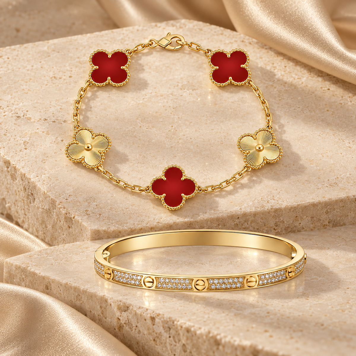 [Limara]Clover & Love Diamond-Paved Radiant Line 2-Piece Bracelet Stack Set