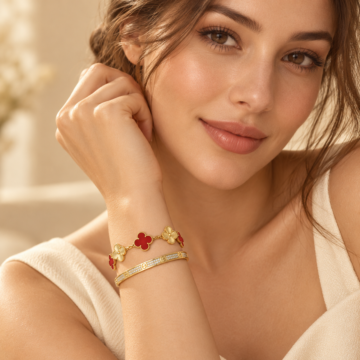 [Limara]Clover & Love Diamond-Paved Radiant Line 2-Piece Bracelet Stack Set