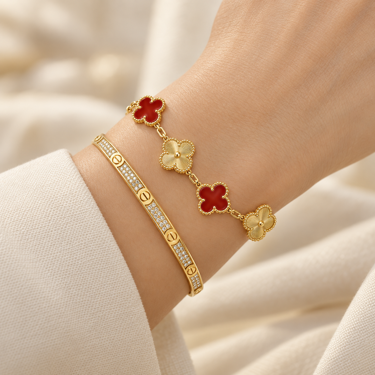 [Limara]Clover & Love Diamond-Paved Radiant Line 2-Piece Bracelet Stack Set