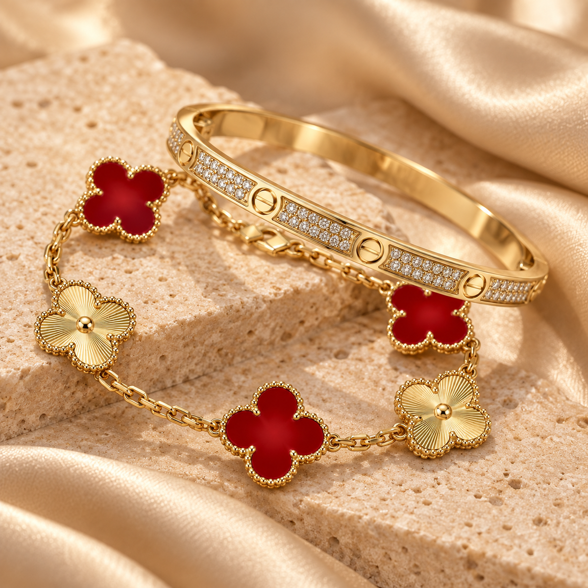 [Limara]Clover & Love Diamond-Paved Radiant Line 2-Piece Bracelet Stack Set