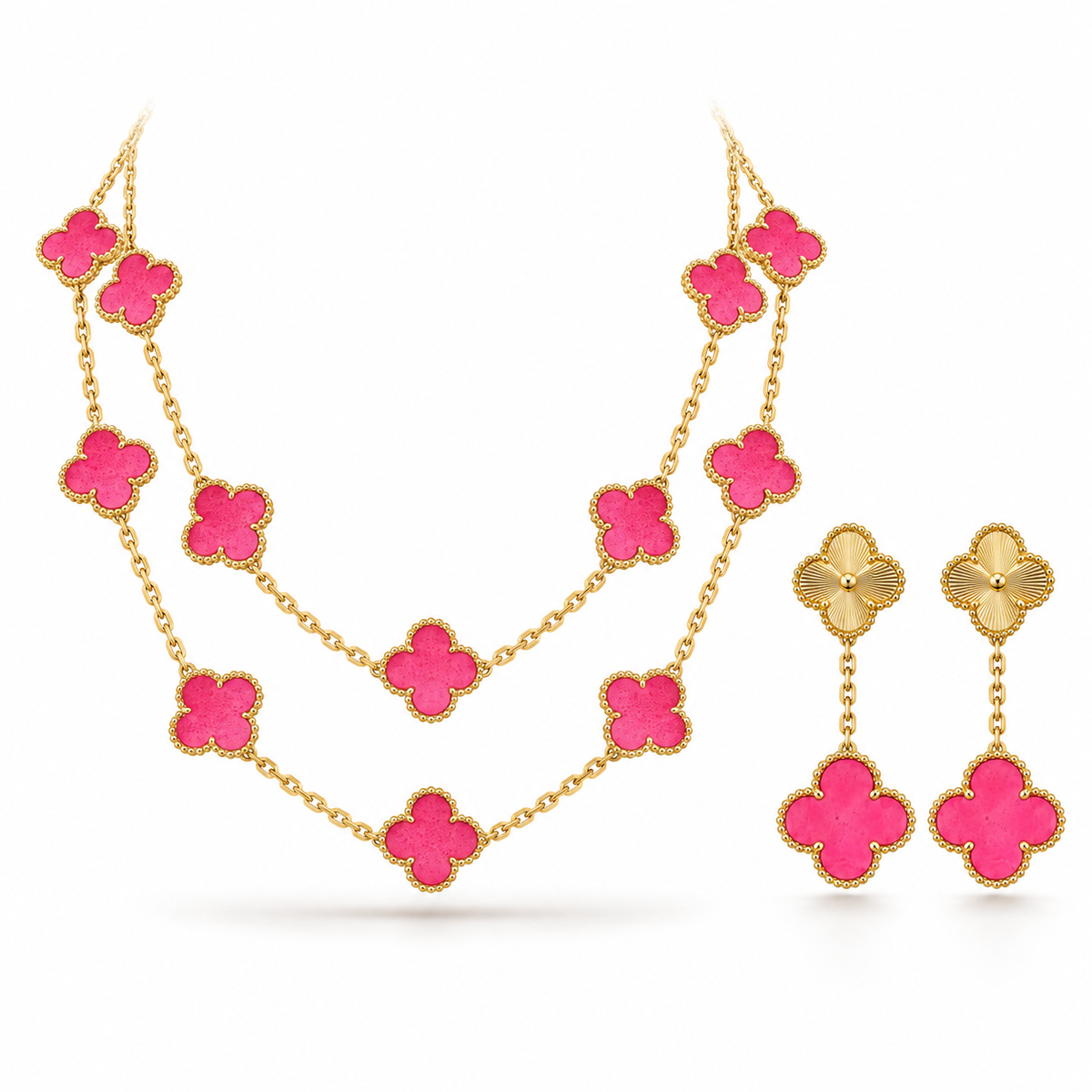 [Limara]Clover Pink Enamel Necklace & Earring Jewelry Set