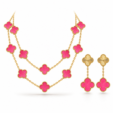 [Limara]Clover Pink Enamel Necklace & Earring Jewelry Set