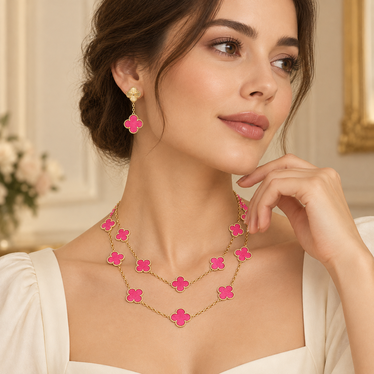 [Limara]Clover Pink Enamel Necklace & Earring Jewelry Set