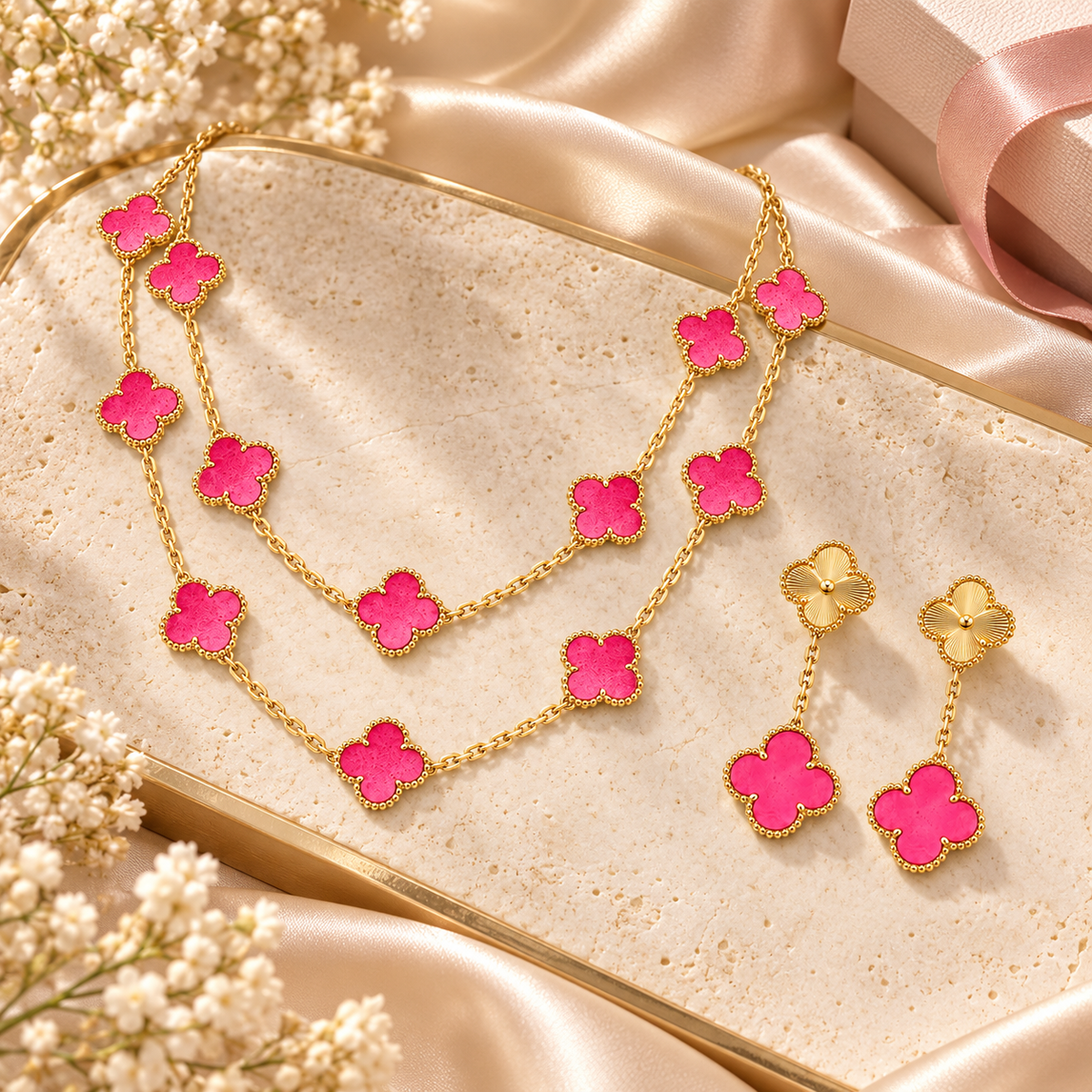 [Limara]Clover Pink Enamel Necklace & Earring Jewelry Set