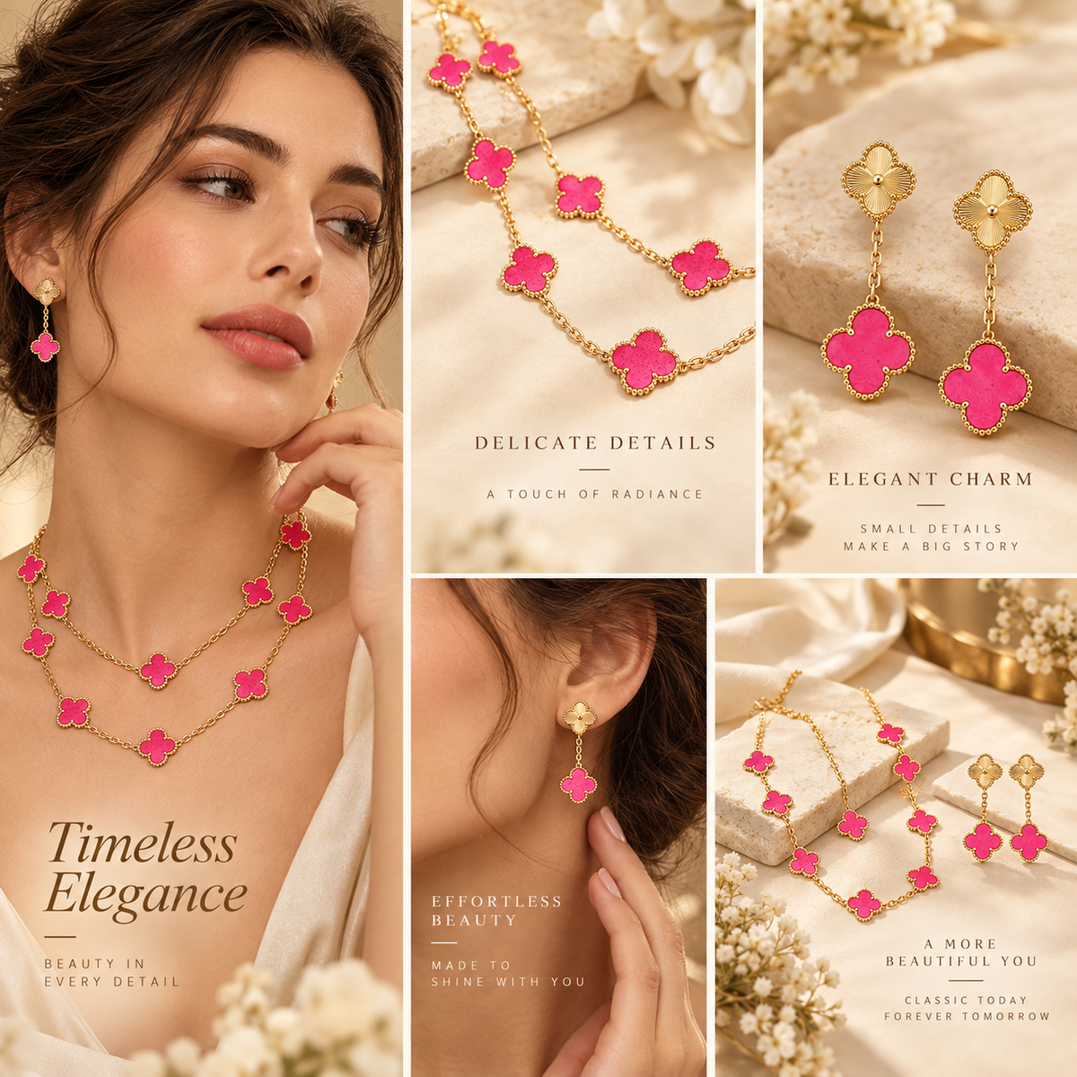 [Limara]Clover Pink Enamel Necklace & Earring Jewelry Set