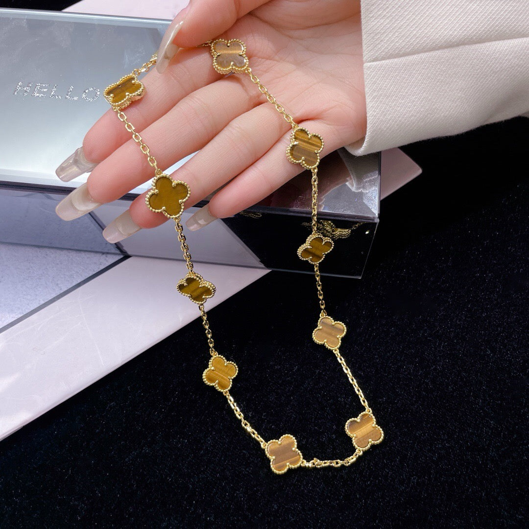 [Limara] CLOVER 10 MOTIFS TIGER EYE NECKLACE