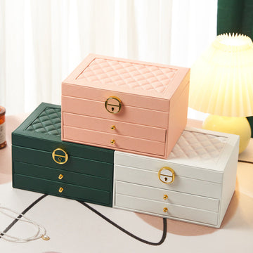 RHOMBUS PATTERN THREE-LAYER JEWELRY BOX WITH LOCK