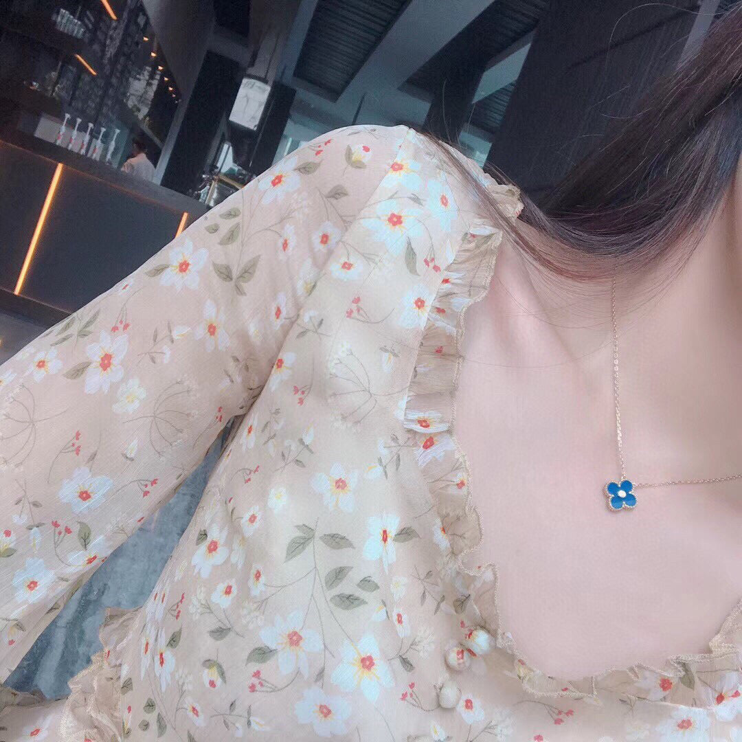 [Limara]CLOVER 15MM DIAMOND AND BLUE AGATE NECKLACE