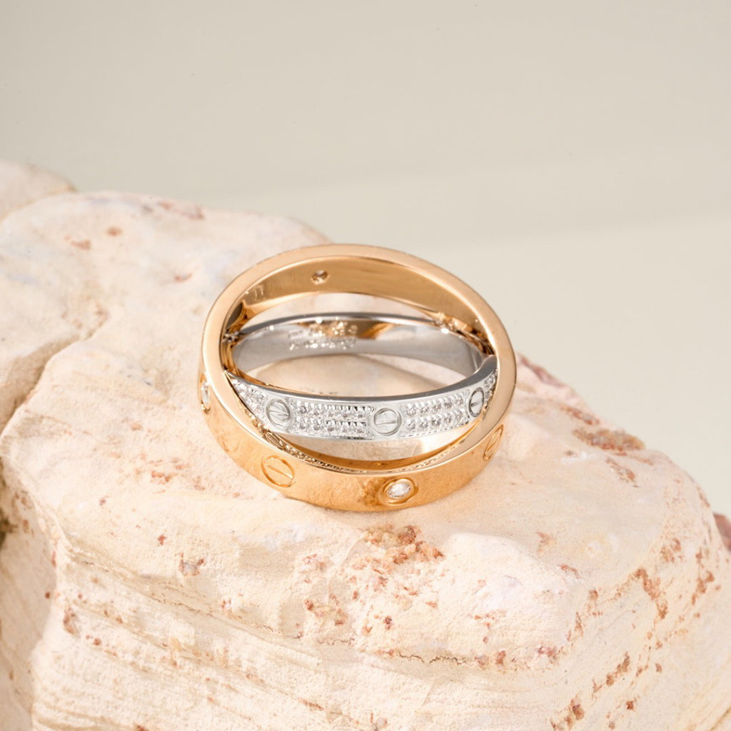[Limara] LOVE PINK GOLD SILVER DIAMOND DOUBLE RING