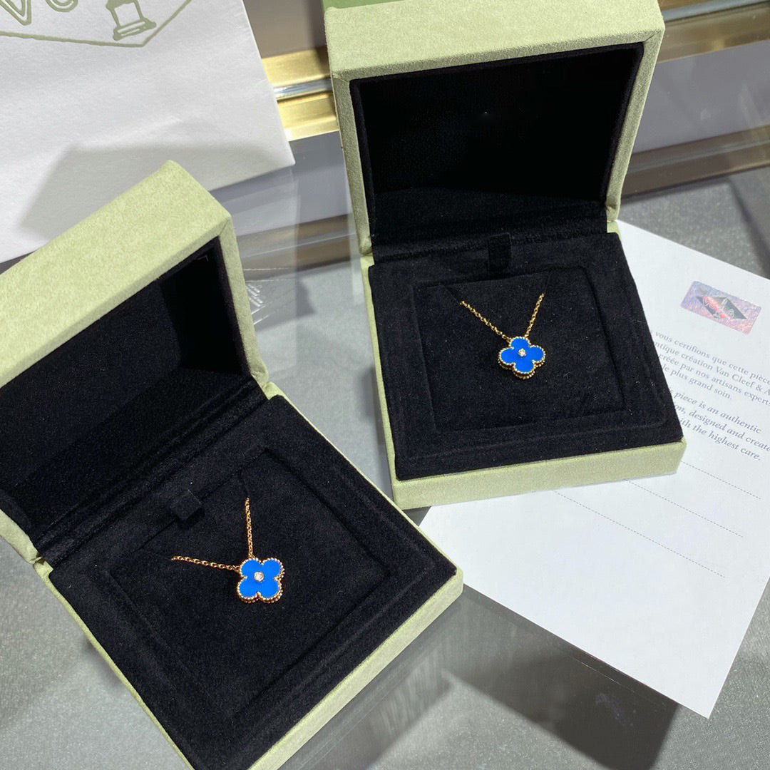 [Limara]CLOVER 15MM DIAMOND AND BLUE AGATE NECKLACE