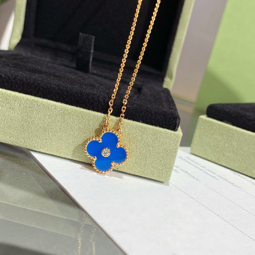 [Limara]CLOVER 15MM DIAMOND AND BLUE AGATE NECKLACE