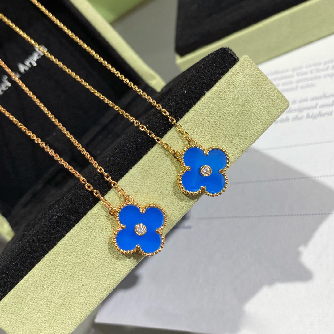 [Limara]CLOVER 15MM DIAMOND AND BLUE AGATE NECKLACE
