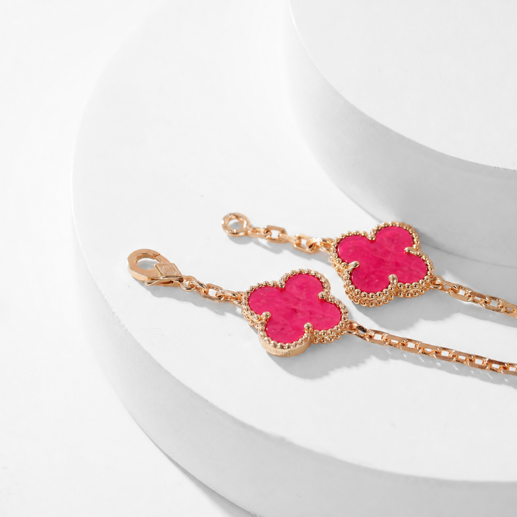 NEW CLOVER 10 MOTIFS PINK ENAMEL NECKLACE
