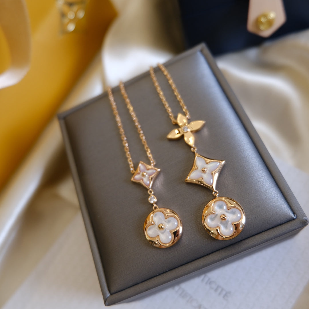 [Limara]COLOR BLOSSOM LARIAT NECKLACE ROSE GOLD WHITE MOTHER PEARL AND DIAMOND