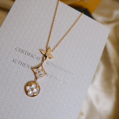 [Limara]COLOR BLOSSOM LARIAT NECKLACE ROSE GOLD WHITE MOTHER PEARL AND DIAMOND