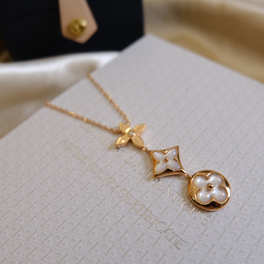 [Limara]COLOR BLOSSOM LARIAT NECKLACE ROSE GOLD WHITE MOTHER PEARL AND DIAMOND