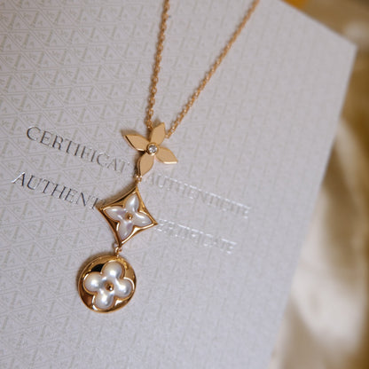 [Limara]COLOR BLOSSOM LARIAT NECKLACE ROSE GOLD WHITE MOTHER PEARL AND DIAMOND