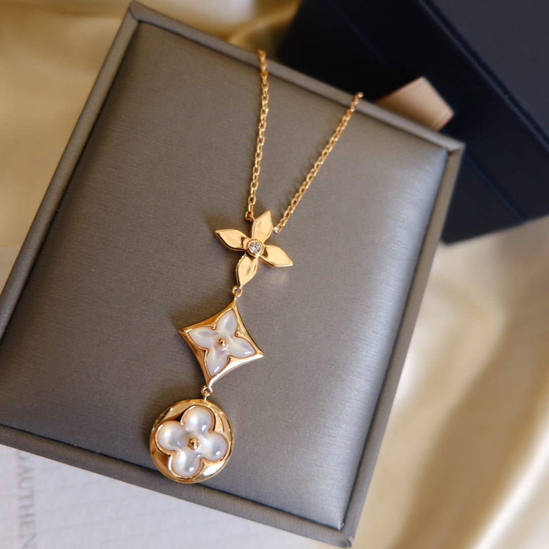 [Limara]COLOR BLOSSOM LARIAT NECKLACE ROSE GOLD WHITE MOTHER PEARL AND DIAMOND