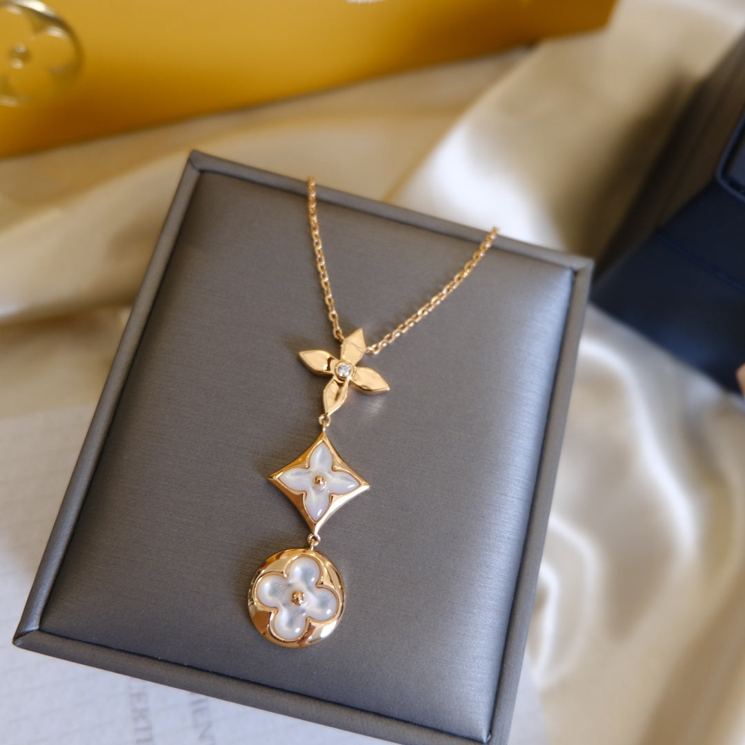 [Limara]COLOR BLOSSOM LARIAT NECKLACE ROSE GOLD WHITE MOTHER PEARL AND DIAMOND