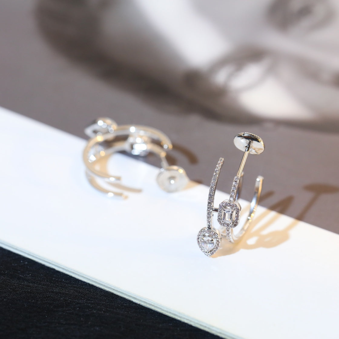 [Limara]CREOLES MY TWIN 2 RANGS SILVER DIAMOND EARRINGS