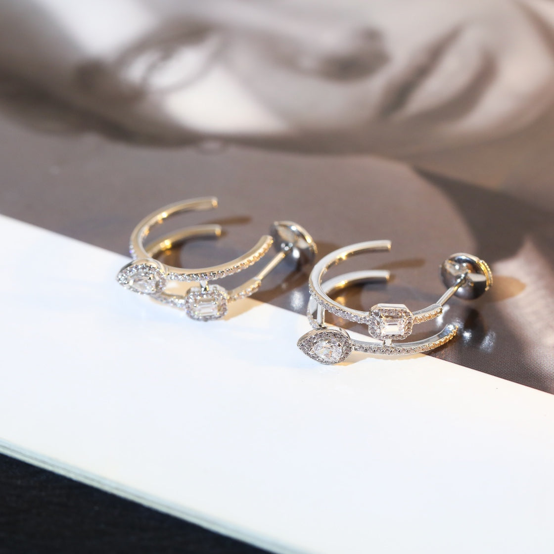 [Limara]CREOLES MY TWIN 2 RANGS SILVER DIAMOND EARRINGS