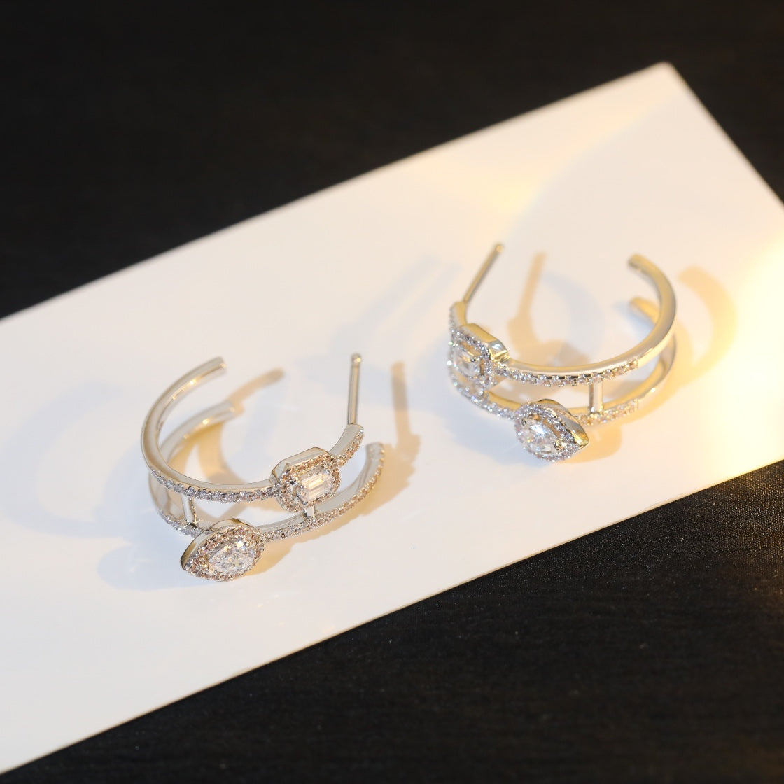 [Limara]CREOLES MY TWIN 2 RANGS SILVER DIAMOND EARRINGS