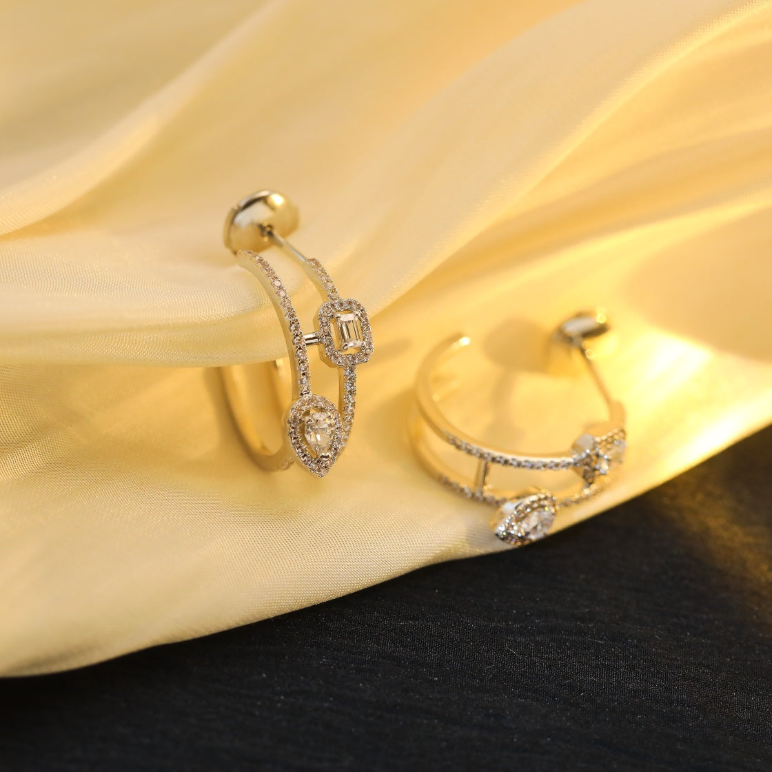 [Limara]CREOLES MY TWIN 2 RANGS SILVER DIAMOND EARRINGS