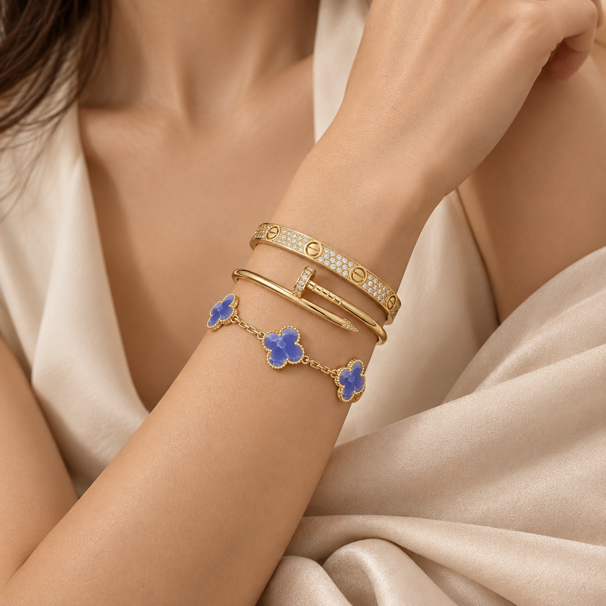 [Limara] LOVE & JUSTE & Blue Veins Clover 5-Motif Diamond Bracelet Stack Set