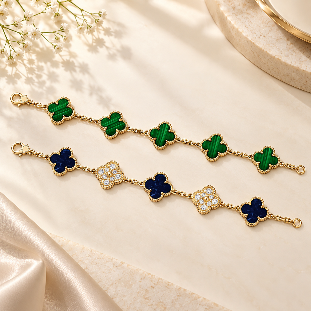 [Limara]Clover 5-Motif Malachite & Pietersite Bracelet Stack Set