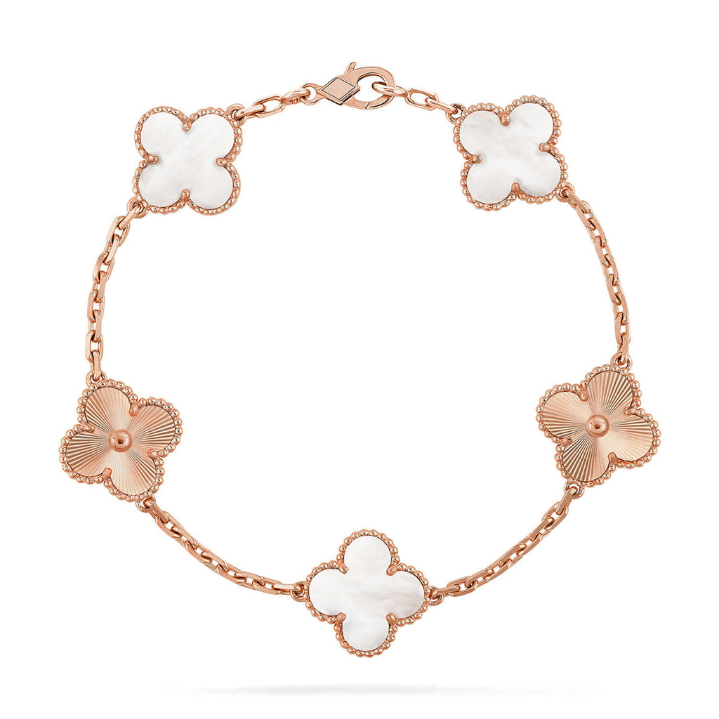 [Limara]LUCKY CLOVER 5-MOTIF-ARMBAND – WEISSES PERLMUTT-KOLLEKTION