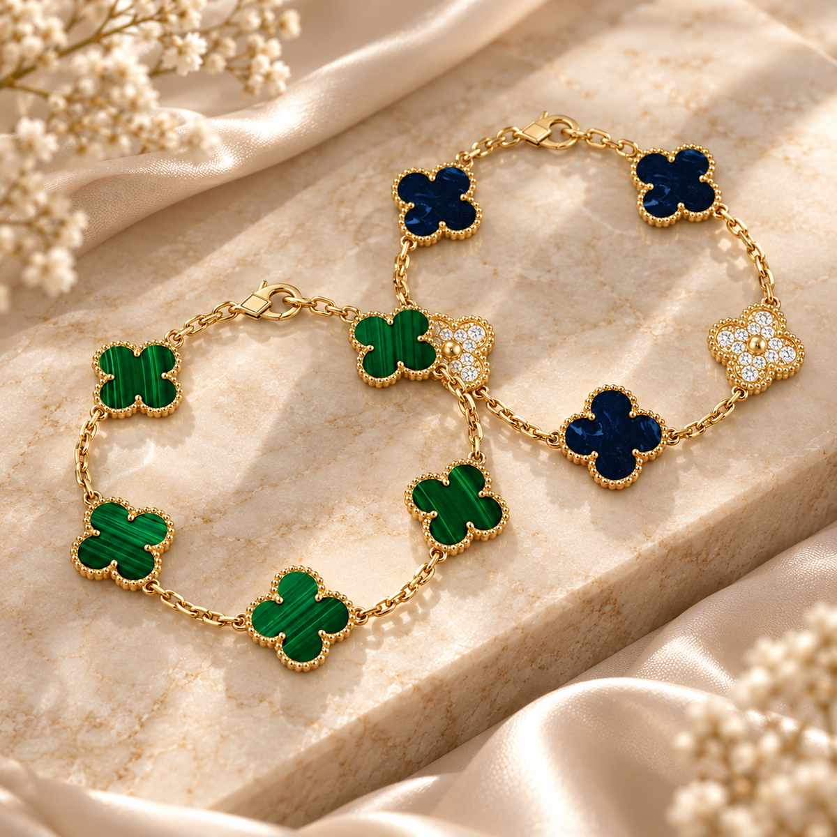 [Limara]Clover 5-Motif Malachite & Pietersite Bracelet Stack Set