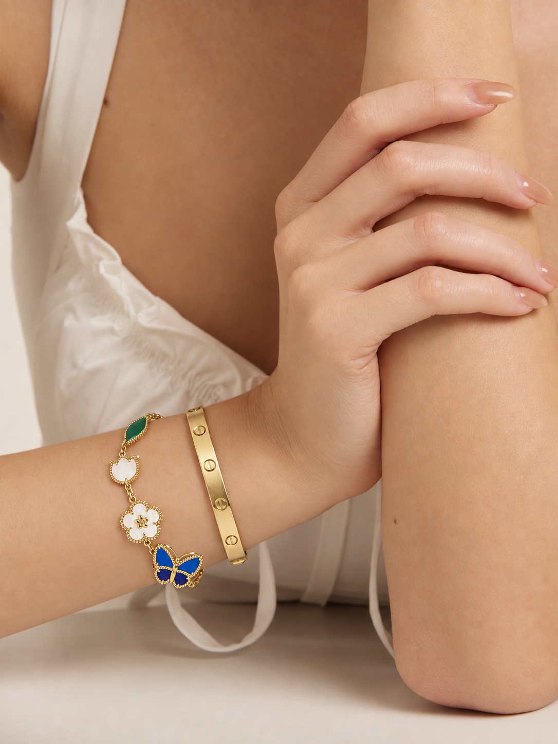 [Limara] LOVE Brushed & Lucky Spring Butterfly 5-Motif Bracelet Stack Set