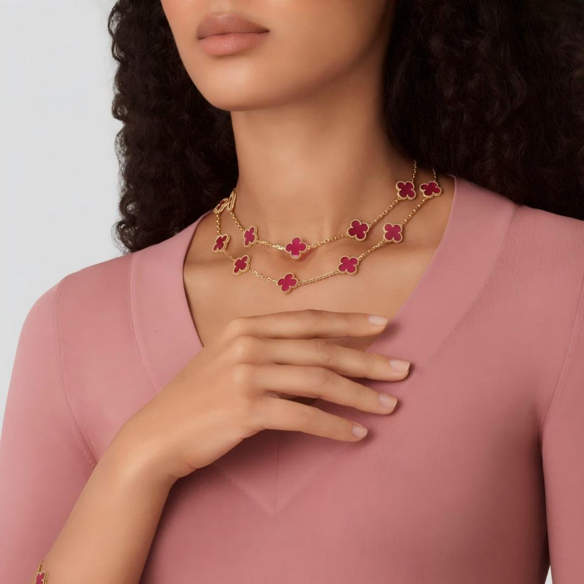 [Limara]Clover Pink Enamel Necklace & Earring Jewelry Set