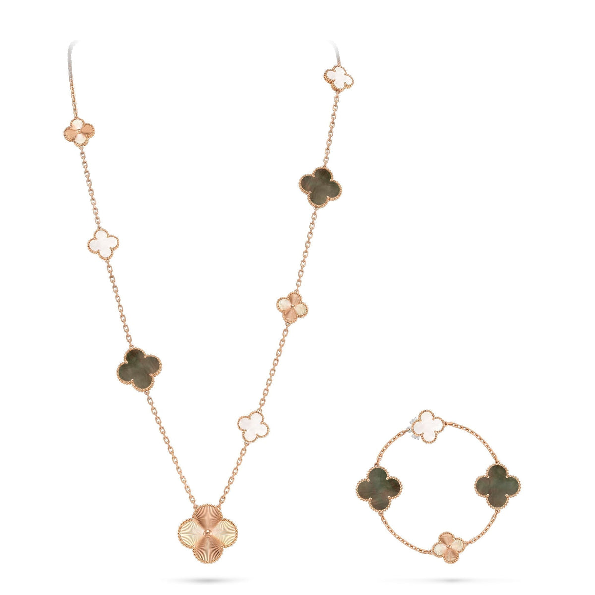 [Limara]DETACHABLE 15-MOTIF CLOVER STATEMENT SET - GREY MOTHER-OF-PEARL & LASER