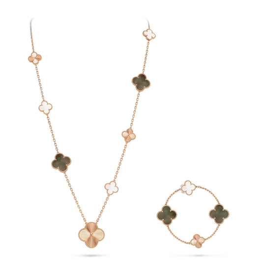 [Limara]DETACHABLE 15-MOTIF CLOVER STATEMENT SET - GREY MOTHER-OF-PEARL & LASER