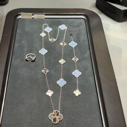 [Limara]DETACHABLE 15-MOTIF CLOVER STATEMENT SET - PURPLE CHALCEDONY & LASER