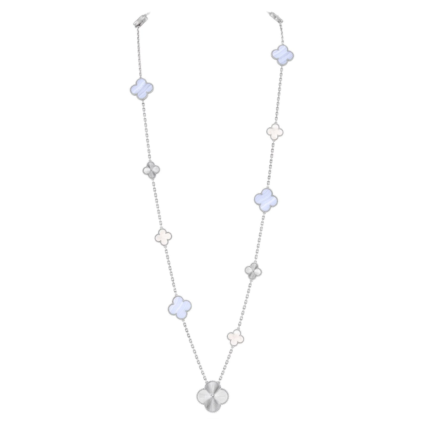 [Limara]DETACHABLE 15-MOTIF CLOVER STATEMENT SET - PURPLE CHALCEDONY & LASER