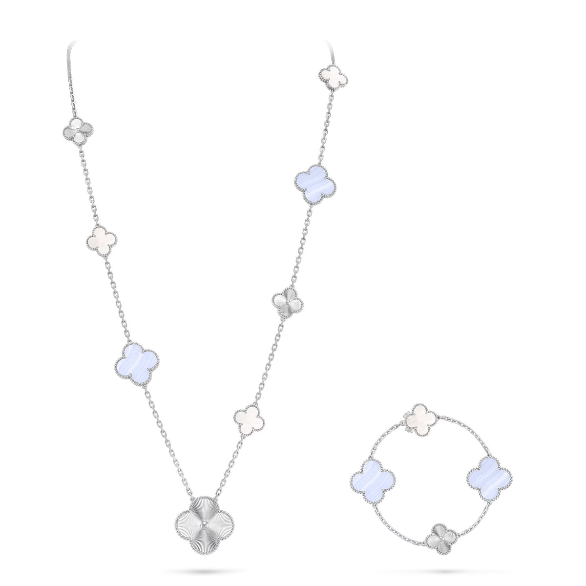 [Limara]DETACHABLE 15-MOTIF CLOVER STATEMENT SET - PURPLE CHALCEDONY & LASER