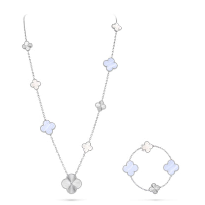 [Limara]DETACHABLE 15-MOTIF CLOVER STATEMENT SET - PURPLE CHALCEDONY & LASER