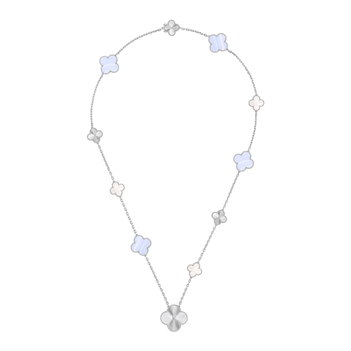 [Limara]DETACHABLE 15-MOTIF CLOVER STATEMENT SET - PURPLE CHALCEDONY & LASER