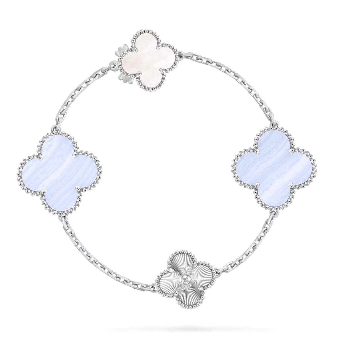 [Limara]DETACHABLE 15-MOTIF CLOVER STATEMENT SET - PURPLE CHALCEDONY & LASER