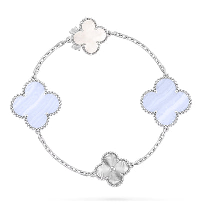 [Limara]DETACHABLE 15-MOTIF CLOVER STATEMENT SET - PURPLE CHALCEDONY & LASER