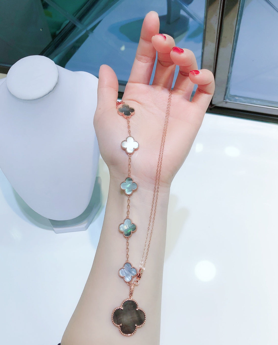 [Limara]COMBINED BRACELET 5 MOTIFS AND NECKLACE DARK MOP ROSE GOLD