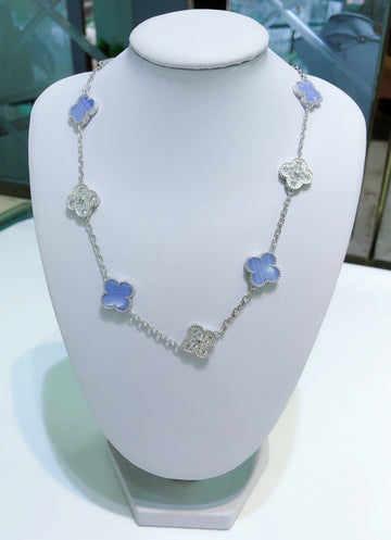 [Limara]CLOVER 10 MOTIFS CHALCEDONY DIAMONDS SILVER NECKLACE