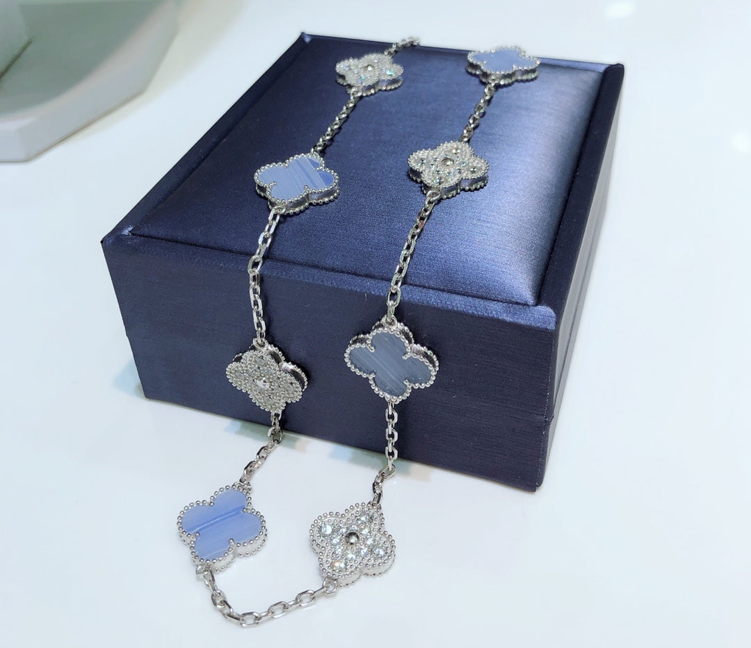 [Limara]CLOVER 10 MOTIFS CHALCEDONY DIAMONDS SILVER NECKLACE